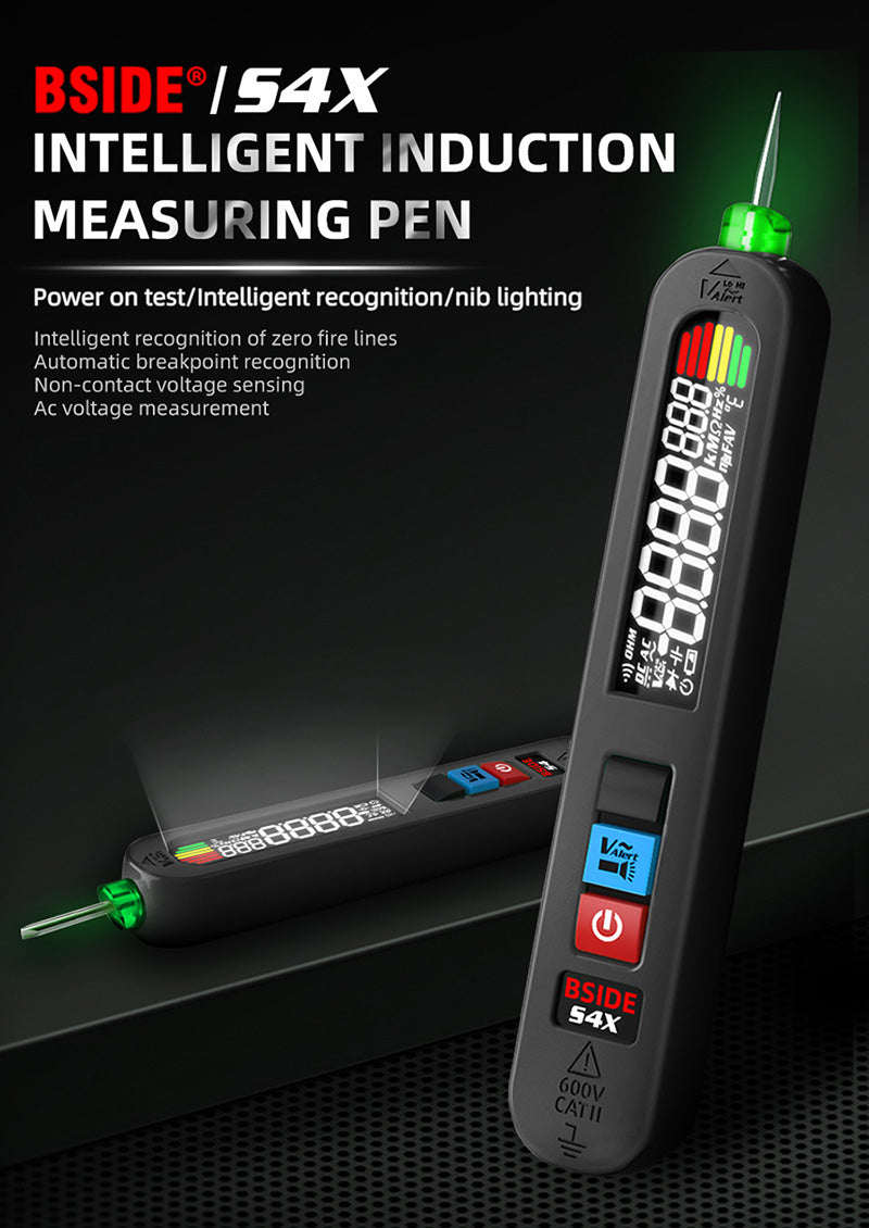 BSIDE S4X 12V-300V Tester Napětí, Pero, EBTN Displej, Bezkontaktní Detekce, Vyhledávač Bodů Přerušení Úniku Fázového Vodiče, 400mAh Lithiová Baterie - Černá