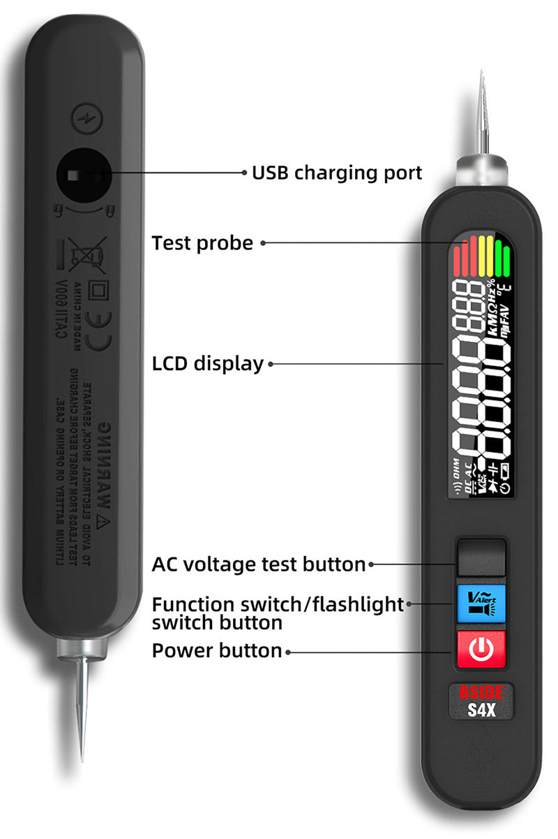 BSIDE S4X 12V-300V Tester Napětí, Pero, EBTN Displej, Bezkontaktní Detekce, Vyhledávač Bodů Přerušení Úniku Fázového Vodiče, 400mAh Lithiová Baterie - Černá