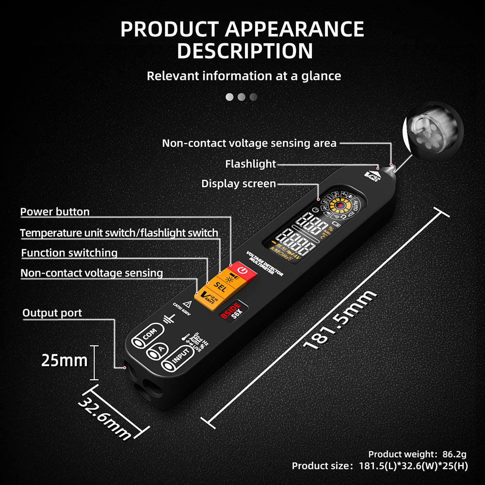 Inteligentní multimetr BSIDE S6X, barevný displej EBTN, perový multimetr s měřením napětí, proudu a kapacity, dobíjecí lithium-iontová baterie 400 mAh