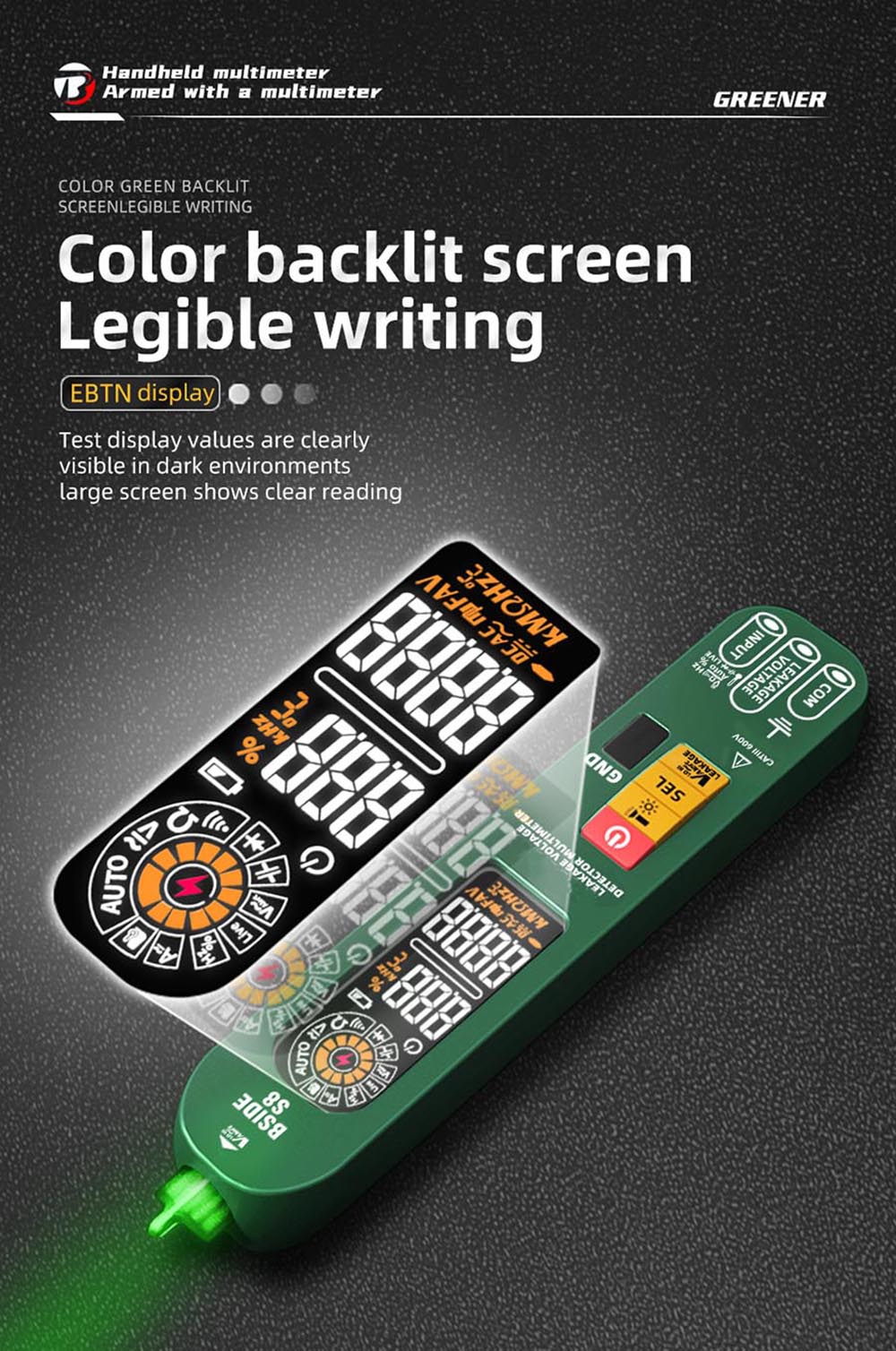 Digitální multimetr BSIDE S8, perový typ, inteligentní detektor napětí, bezkontaktní měřič, EBTN displej, tester diod AC/DC a proudu - zelený