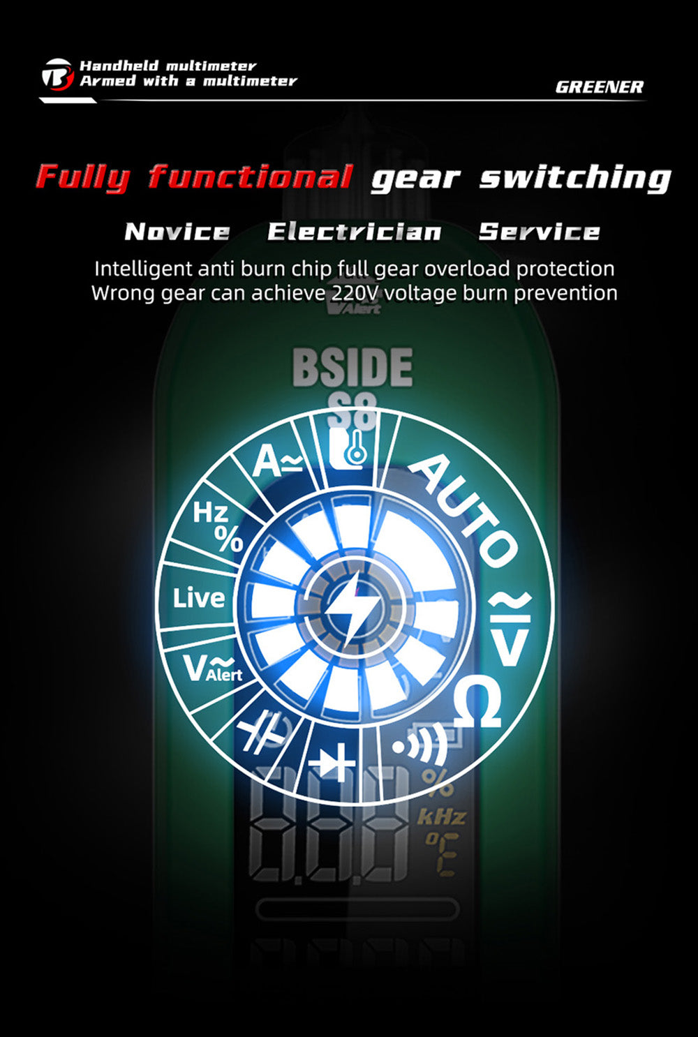 Digitální multimetr BSIDE S8, perový typ, inteligentní detektor napětí, bezkontaktní měřič, EBTN displej, tester diod AC/DC a proudu - zelený