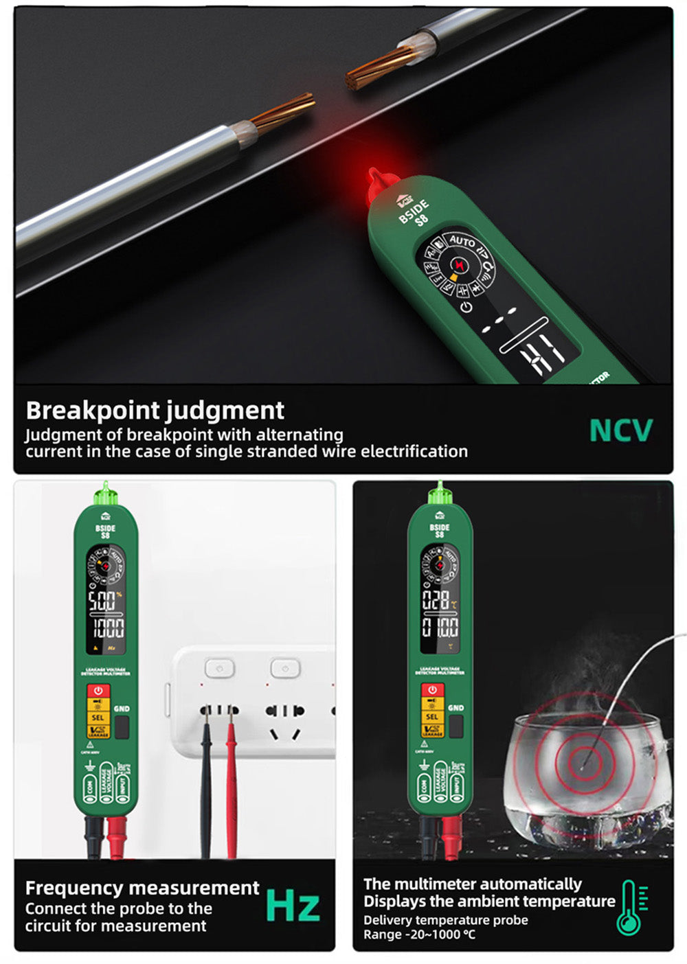 Digitální multimetr BSIDE S8, perový typ, inteligentní detektor napětí, bezkontaktní měřič, EBTN displej, tester diod AC/DC a proudu - zelený