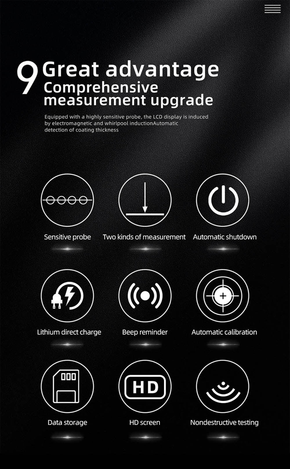 BSIDE T2X Tloušťkoměr, barevný LCD displej, dobíjecí tester tloušťky automobilového laku, 0,1 mikrometru/0-1500μm - černý