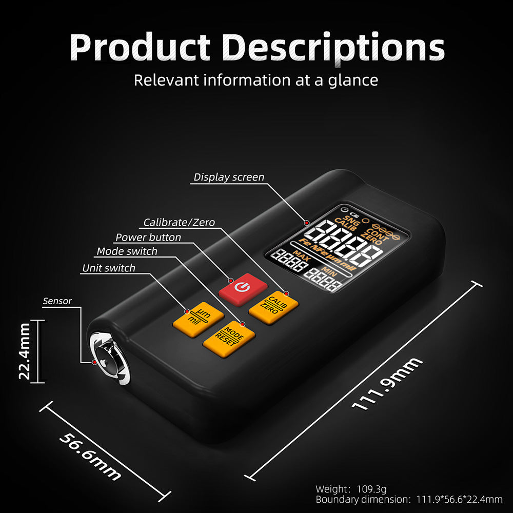 BSIDE T2X Tloušťkoměr, barevný LCD displej, dobíjecí tester tloušťky automobilového laku, 0,1 mikrometru/0-1500μm - černý
