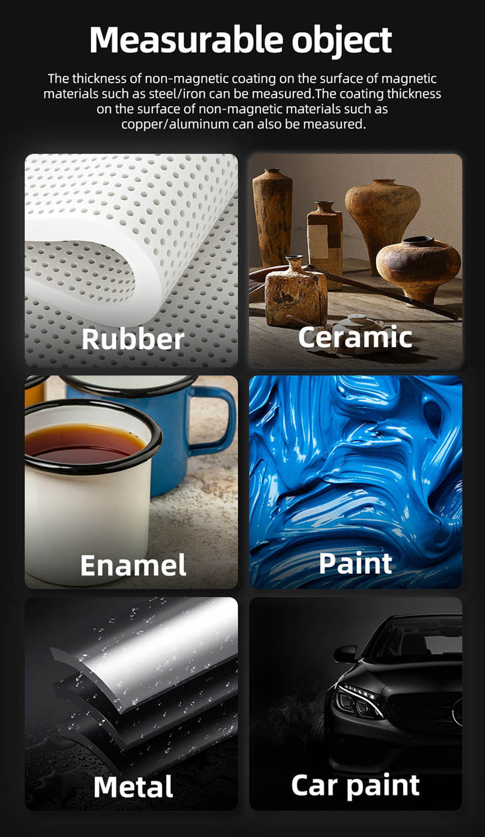 BSIDE T2X Tloušťkoměr, barevný LCD displej, dobíjecí tester tloušťky automobilového laku, 0,1 mikrometru/0-1500μm - černý