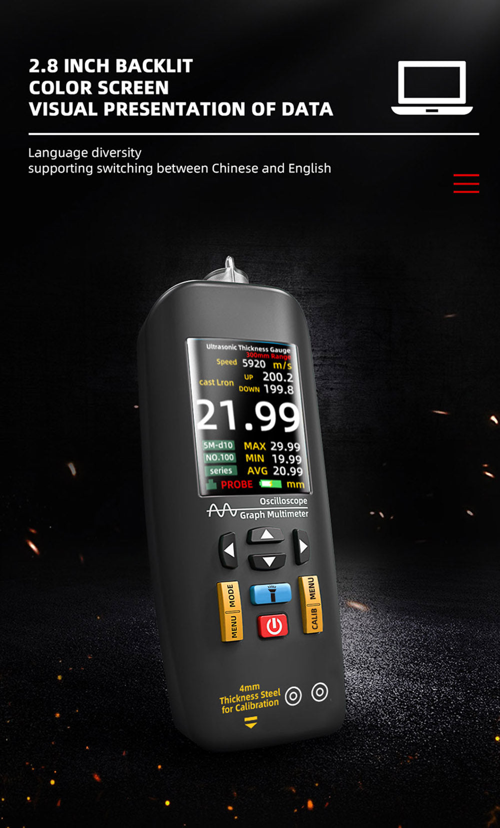 Ultrazvukový tloušťkoměr BSIDE T7, měřicí rozsah 0,01–300 mm, 2,8palcový barevný TFT displej, s funkcí svítilny, lithiová baterie 2000 mA, šedý