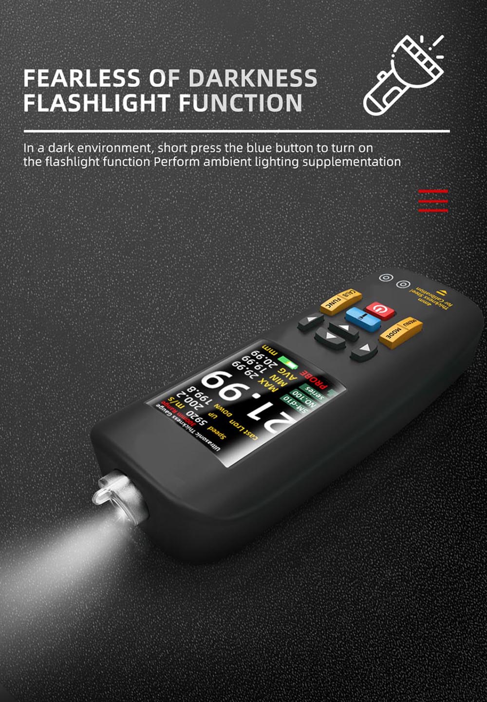 Ultrazvukový tloušťkoměr BSIDE T7, měřicí rozsah 0,01–300 mm, 2,8palcový barevný TFT displej, s funkcí svítilny, lithiová baterie 2000 mA, šedý