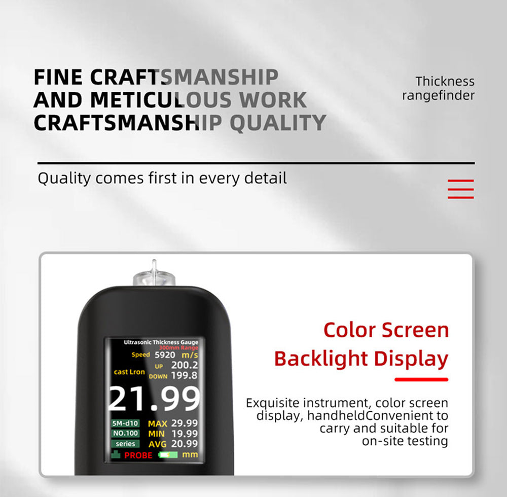Ultrazvukový tloušťkoměr BSIDE T7, měřicí rozsah 0,01–300 mm, 2,8palcový barevný TFT displej, s funkcí svítilny, lithiová baterie 2000 mA, šedý