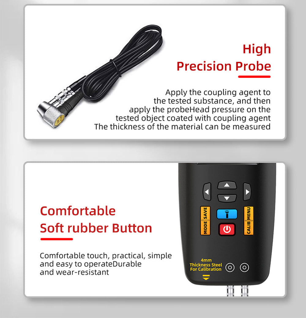 Ultrazvukový tloušťkoměr BSIDE T7, měřicí rozsah 0,01–300 mm, 2,8palcový barevný TFT displej, s funkcí svítilny, lithiová baterie 2000 mA, šedý