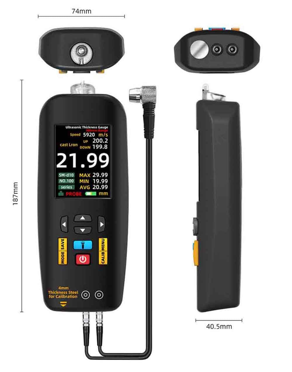 Ultrazvukový tloušťkoměr BSIDE T7, měřicí rozsah 0,01–300 mm, 2,8palcový barevný TFT displej, s funkcí svítilny, lithiová baterie 2000 mA, šedý
