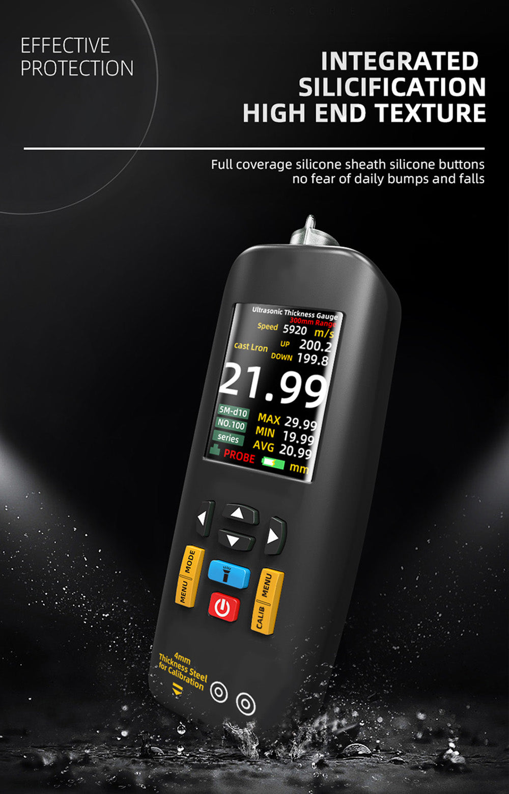 Ultrazvukový tloušťkoměr BSIDE T7, měřicí rozsah 0,01–300 mm, 2,8palcový barevný TFT displej, s funkcí svítilny, lithiová baterie 2000 mA, šedý