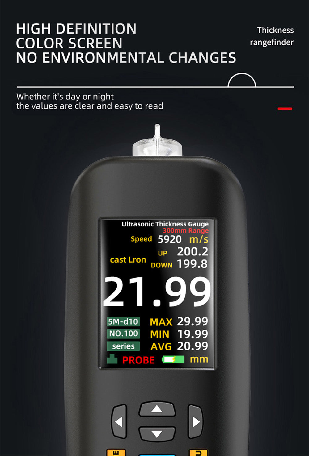 Ultrazvukový tloušťkoměr BSIDE T7, měřicí rozsah 0,01–300 mm, 2,8palcový barevný TFT displej, s funkcí svítilny, lithiová baterie 2000 mA, šedý