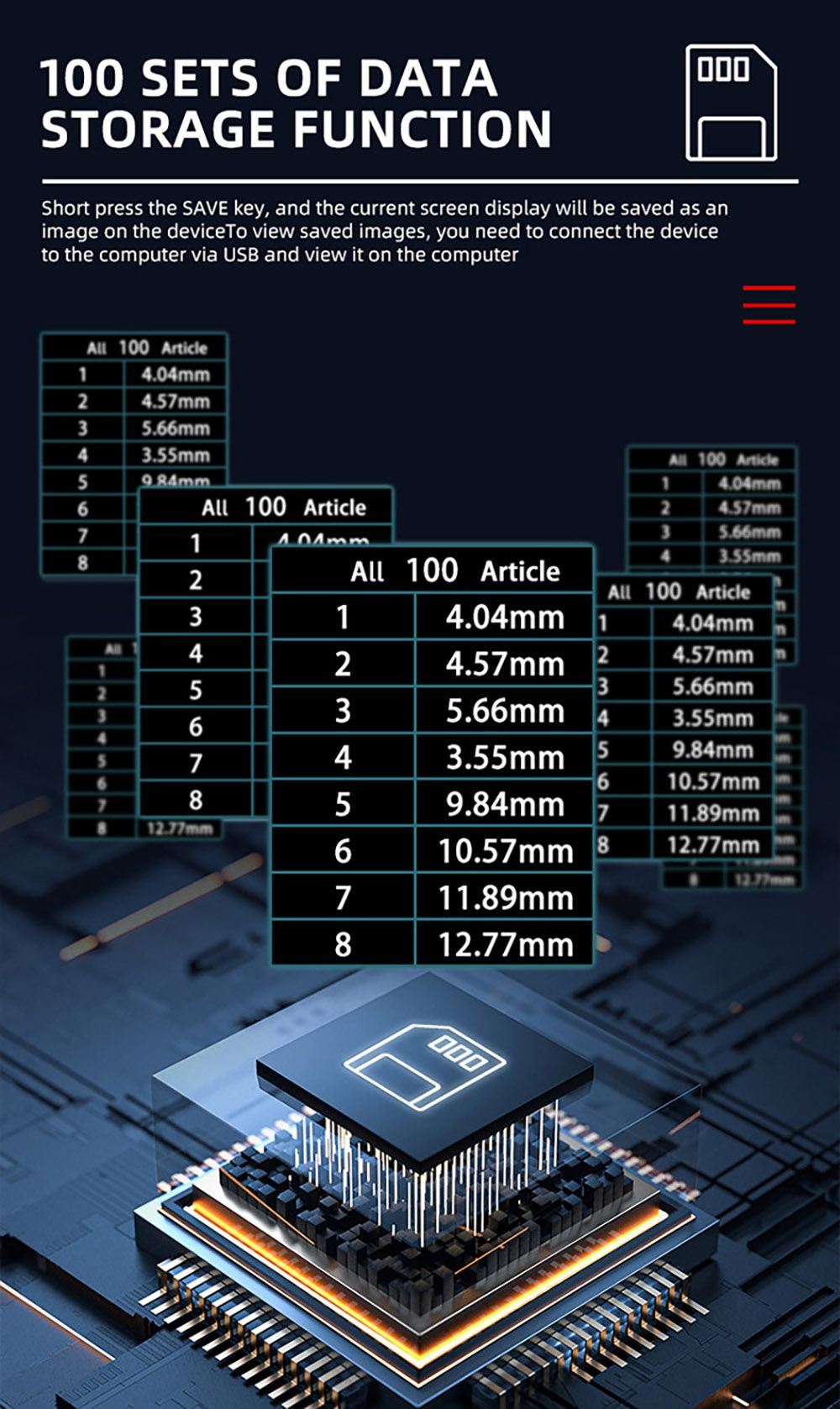 Ultrazvukový tloušťkoměr BSIDE T7, měřicí rozsah 0,01–300 mm, 2,8palcový barevný TFT displej, s funkcí svítilny, lithiová baterie 2000 mA, šedý