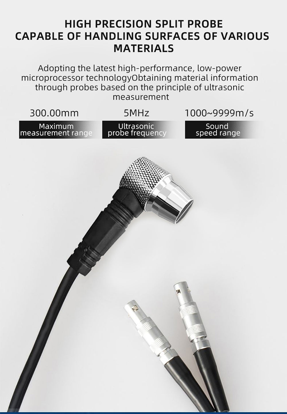 Ultrazvukový tloušťkoměr BSIDE T7, měřicí rozsah 0,01–300 mm, 2,8palcový barevný TFT displej, s funkcí svítilny, lithiová baterie 2000 mA, šedý