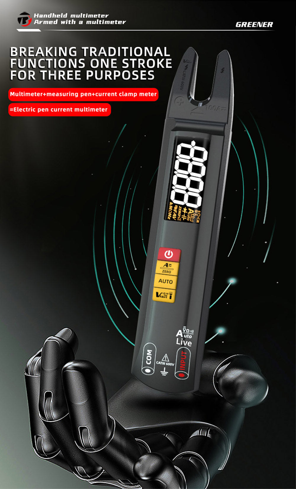 Digitální klešťový multimetr BSIDE U0, elektrický testovací pero, 6000 číslic, True RMS měřič typu U, barevný displej