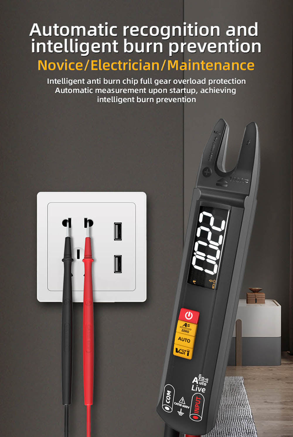 Digitální klešťový multimetr BSIDE U0, elektrický testovací pero, 6000 číslic, True RMS měřič typu U, barevný displej