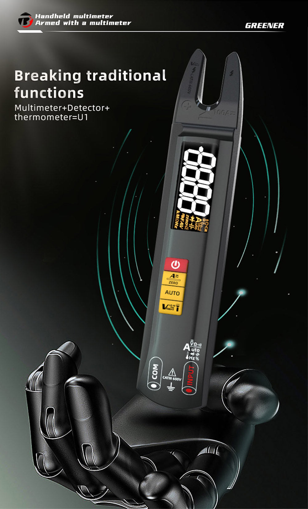 Digitální klešťový multimetr BSIDE U1, elektrický tester, jasná LED svítilna, kleště DC/AC 100A, T-RMS proud