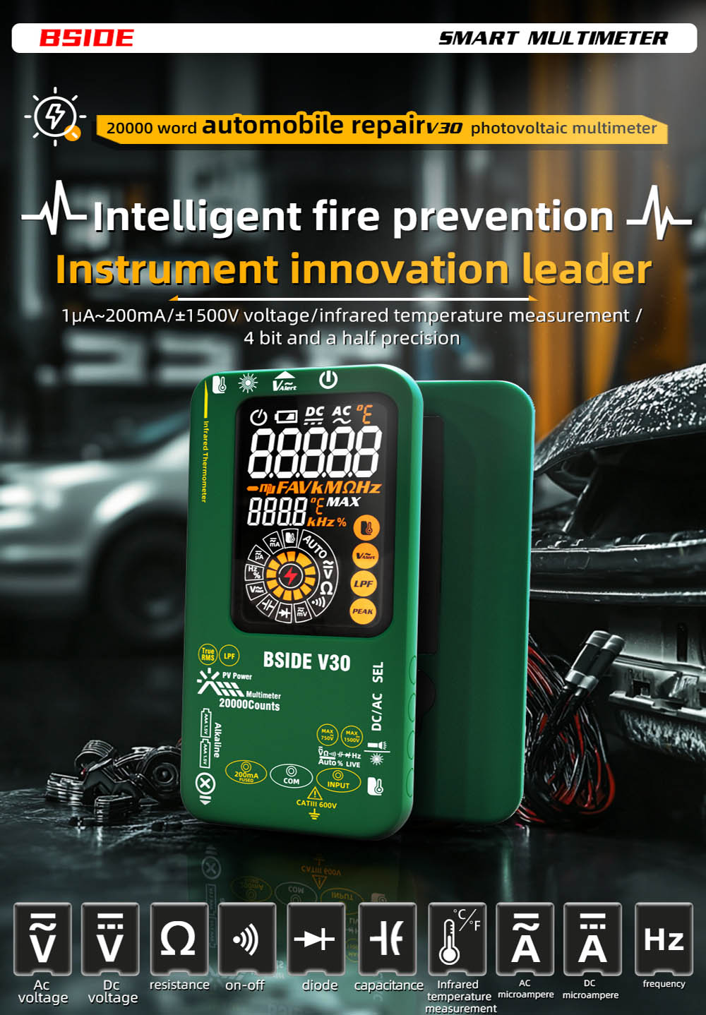 Fotovoltaický multimetr BSIDE V30, vysoké napětí 1500 V, T-RMS, 20 000 číslic, LCD displej, elektronická údržba, test stejnosměrného proudu, infračervené měření teploty