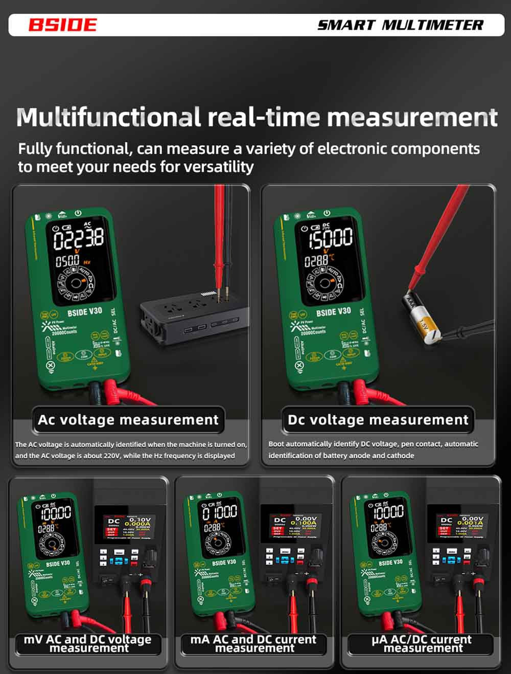 Fotovoltaický multimetr BSIDE V30, vysoké napětí 1500 V, T-RMS, 20 000 číslic, LCD displej, elektronická údržba, test stejnosměrného proudu, infračervené měření teploty