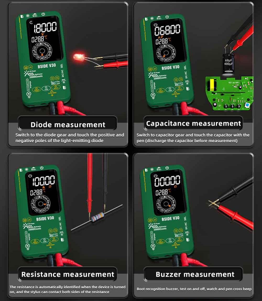 Fotovoltaický multimetr BSIDE V30, vysoké napětí 1500 V, T-RMS, 20 000 číslic, LCD displej, elektronická údržba, test stejnosměrného proudu, infračervené měření teploty