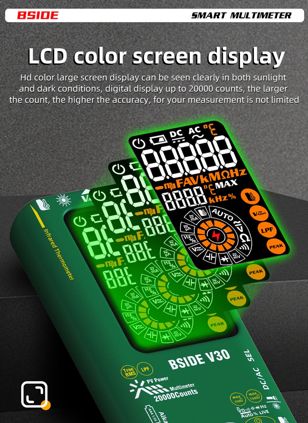 Fotovoltaický multimetr BSIDE V30, vysoké napětí 1500 V, T-RMS, 20 000 číslic, LCD displej, elektronická údržba, test stejnosměrného proudu, infračervené měření teploty