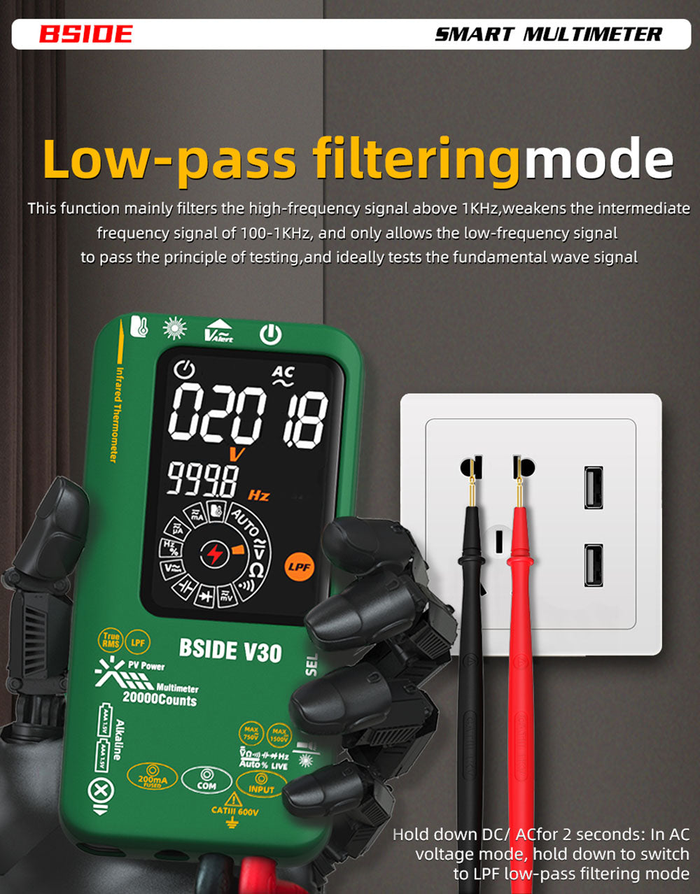 Fotovoltaický multimetr BSIDE V30, vysoké napětí 1500 V, T-RMS, 20 000 číslic, LCD displej, elektronická údržba, test stejnosměrného proudu, infračervené měření teploty