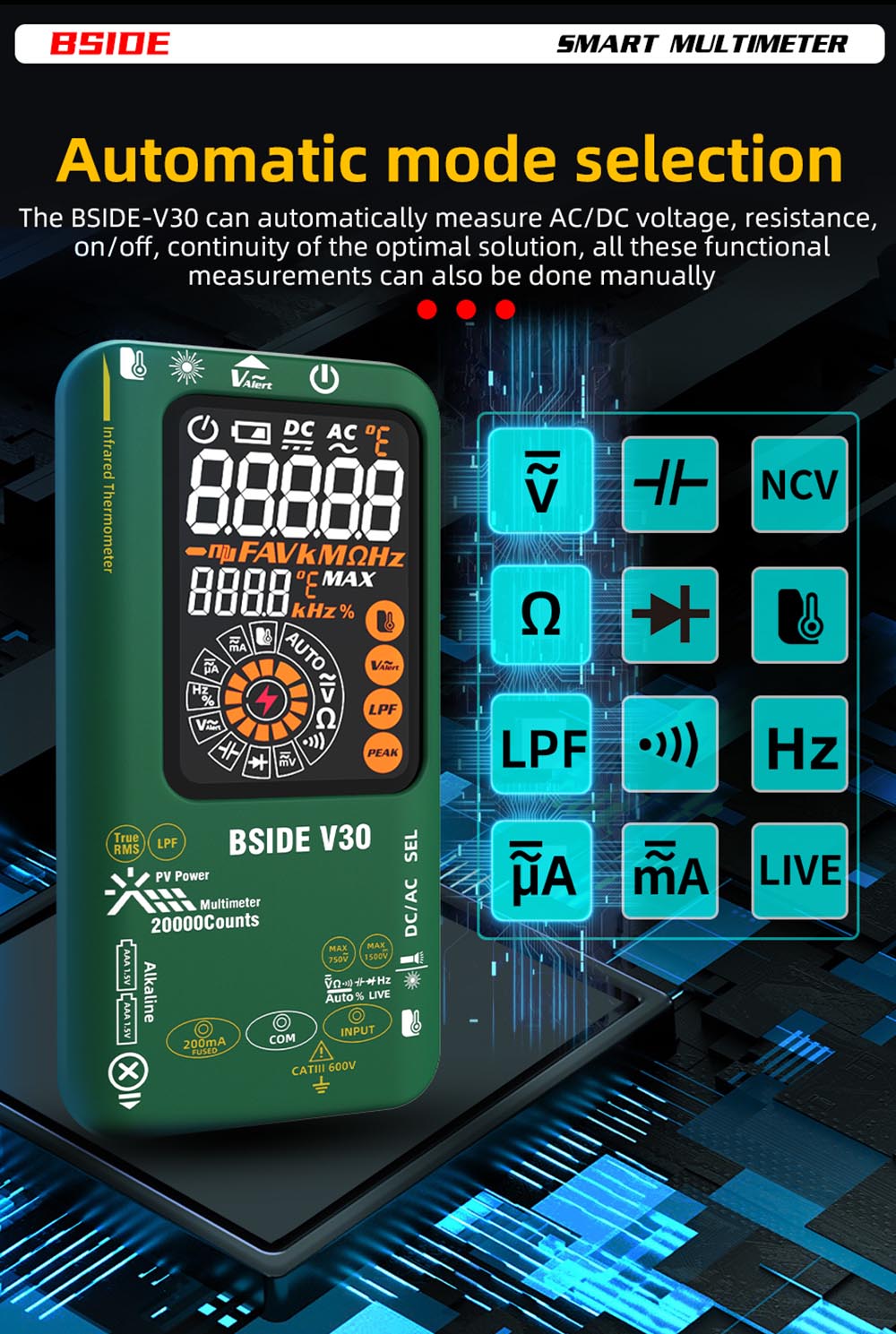 Fotovoltaický multimetr BSIDE V30, vysoké napětí 1500 V, T-RMS, 20 000 číslic, LCD displej, elektronická údržba, test stejnosměrného proudu, infračervené měření teploty