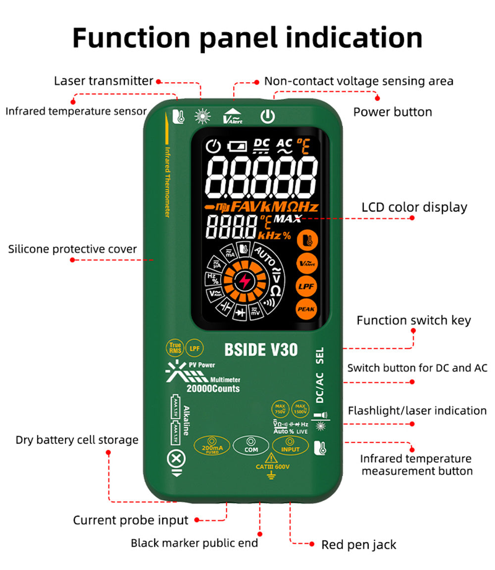 Fotovoltaický multimetr BSIDE V30, vysoké napětí 1500 V, T-RMS, 20 000 číslic, LCD displej, elektronická údržba, test stejnosměrného proudu, infračervené měření teploty