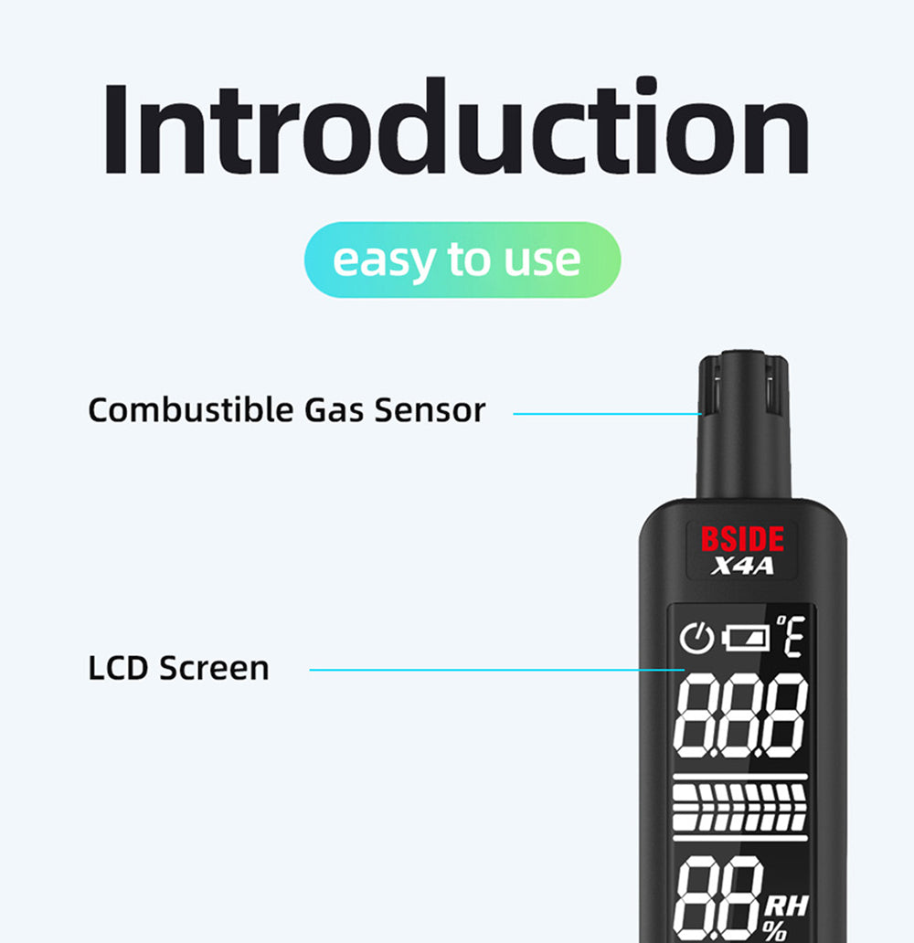 Digitální vlhkoměr, detektor plynu BSIDE X4A, analyzátor hořlavých plynů, tester teploty a vlhkosti, se zvukovým a vizuálním alarmem, LCD displejem, bez baterií, s brašnou
