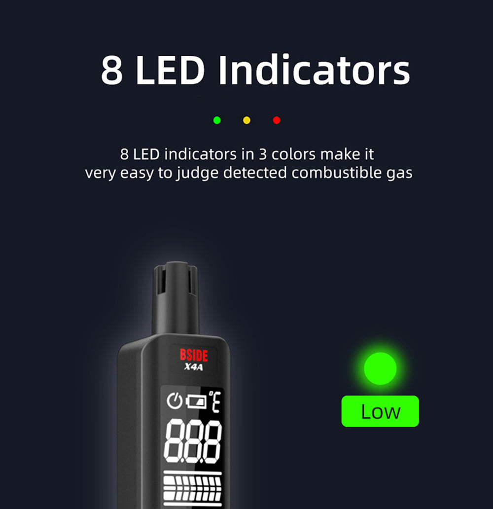 Digitální vlhkoměr, detektor plynu BSIDE X4A, analyzátor hořlavých plynů, tester teploty a vlhkosti, se zvukovým a vizuálním alarmem, LCD displejem, bez baterií, s brašnou
