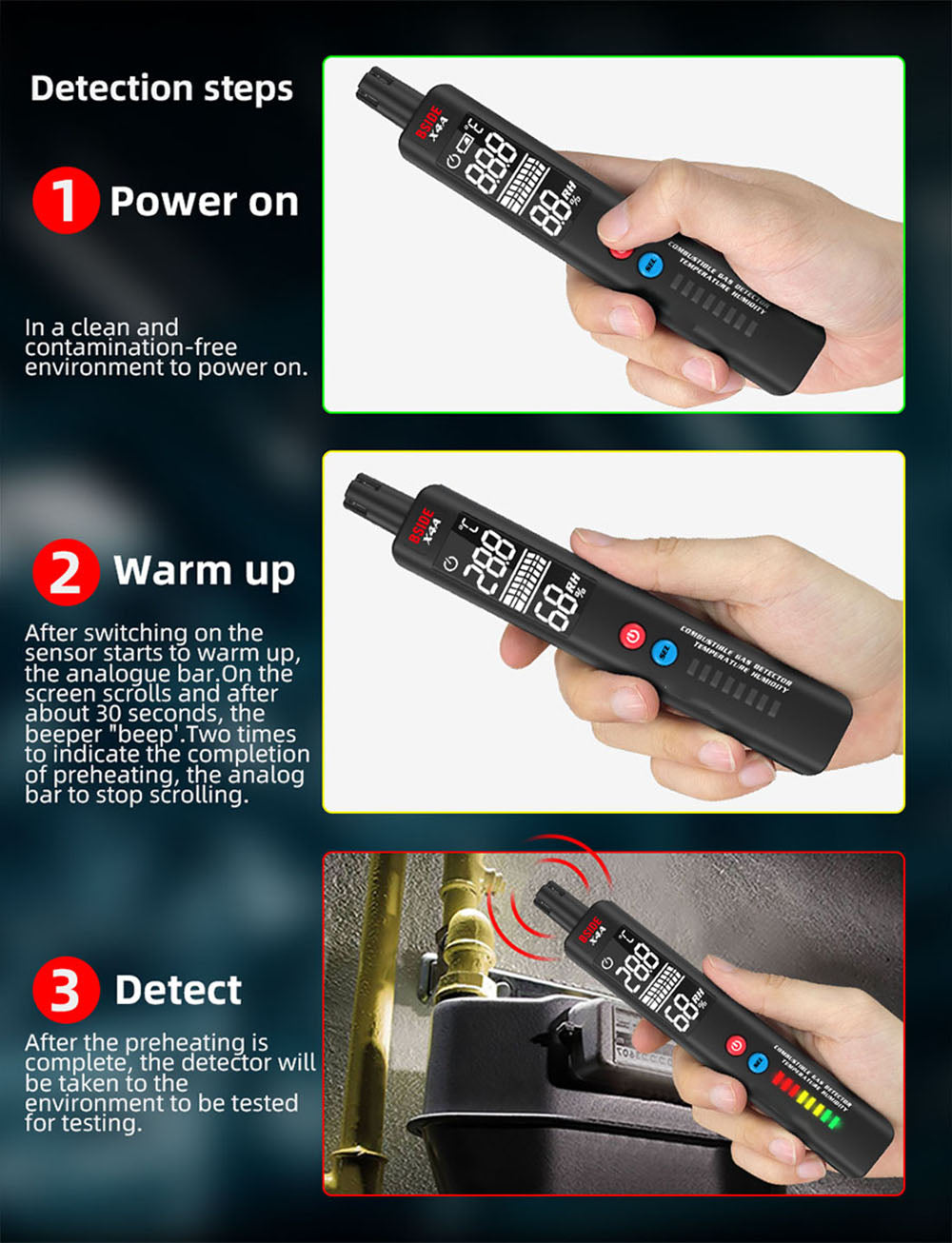 Digitální vlhkoměr, detektor plynu BSIDE X4A, analyzátor hořlavých plynů, tester teploty a vlhkosti, se zvukovým a vizuálním alarmem, LCD displejem, bez baterií, s brašnou