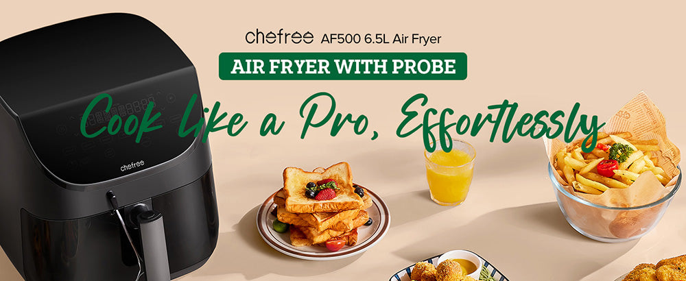 Horkovzdušná fritéza CHEFREE AF500 1700W 6,5L, s inteligentním teploměrem, 8 režimy vaření v 1, rychlý ohřev na 230℃, připomenutí protřepání - černá