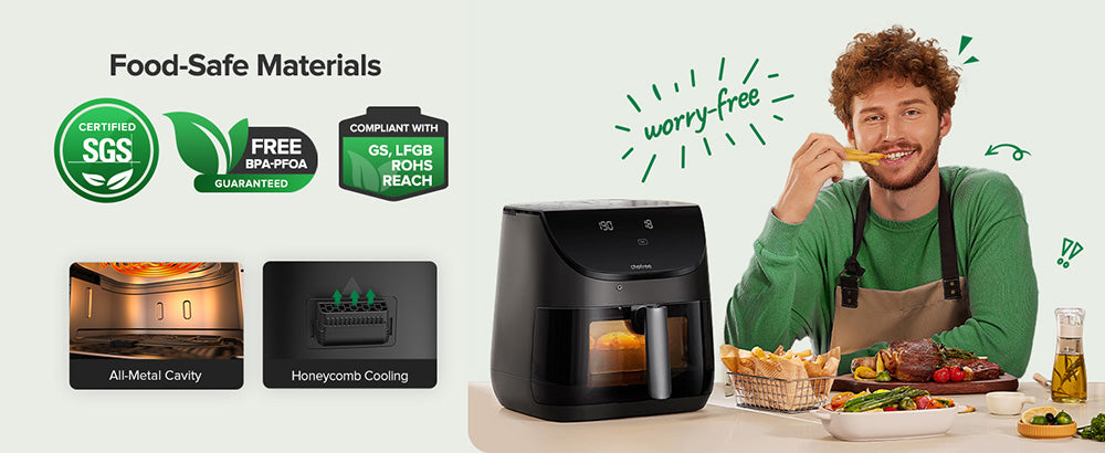 Horkovzdušná fritéza CHEFREE AF500 1700W 6,5L, s inteligentním teploměrem, 8 režimy vaření v 1, rychlý ohřev na 230℃, připomenutí protřepání - černá