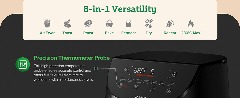 Horkovzdušná fritéza CHEFREE AF500 1700W 6,5L, s inteligentním teploměrem, 8 režimy vaření v 1, rychlý ohřev na 230℃, připomenutí protřepání - černá