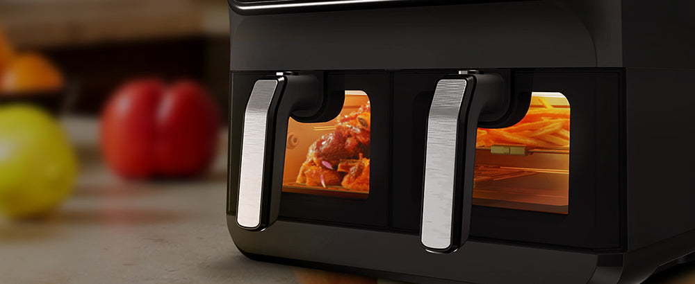 CHEFREE AFW20 Dvojitá horkovzdušná fritéza s průzorem, 8l rodinná velikost, nepřilnavý povrch, 8 chytrých programů v 1, vhodné do myčky, pečení, grilování, pečení a sušení