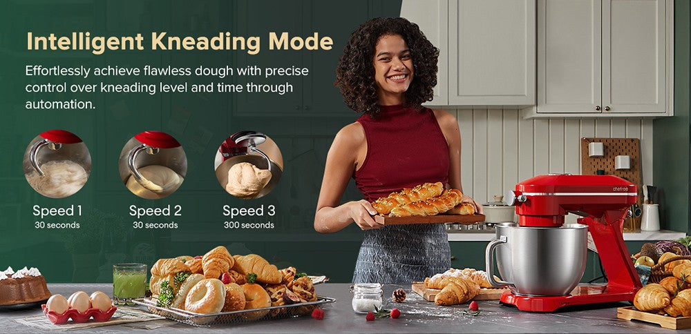 Kuchyňský stolní robot Chefree M500, nerezová mísa o objemu 7 l, 10 rychlostních stupňů, 3 míchací nástavce, výkon 1800 W, červený
