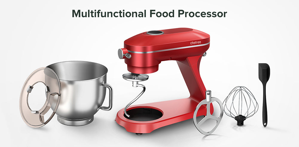 Kuchyňský stolní robot Chefree M500, nerezová mísa o objemu 7 l, 10 rychlostních stupňů, 3 míchací nástavce, výkon 1800 W, červený