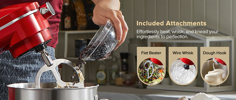 Kuchyňský stolní robot Chefree M500, nerezová mísa o objemu 7 l, 10 rychlostních stupňů, 3 míchací nástavce, výkon 1800 W, červený