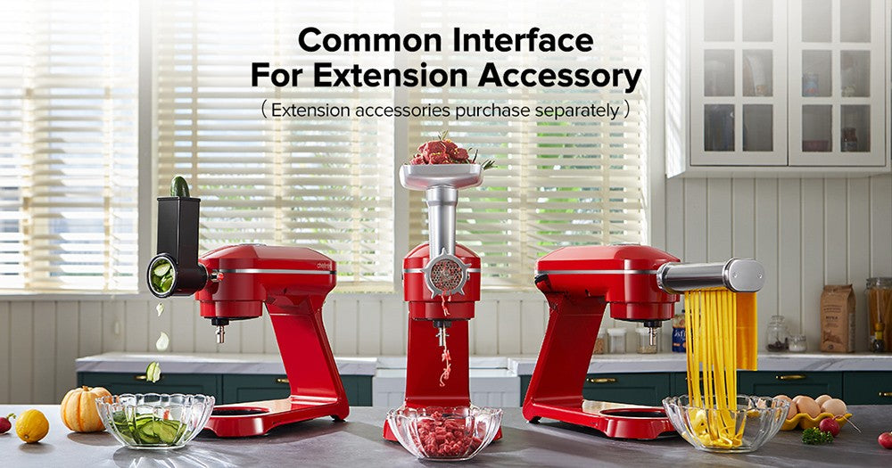 Kuchyňský stolní robot Chefree M500, nerezová mísa o objemu 7 l, 10 rychlostních stupňů, 3 míchací nástavce, výkon 1800 W, červený