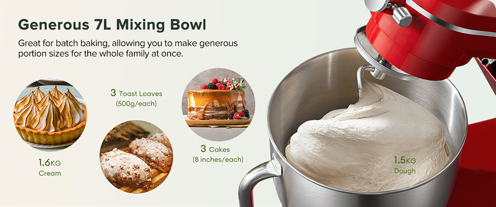 Kuchyňský stolní robot Chefree M500, nerezová mísa o objemu 7 l, 10 rychlostních stupňů, 3 míchací nástavce, výkon 1800 W, červený