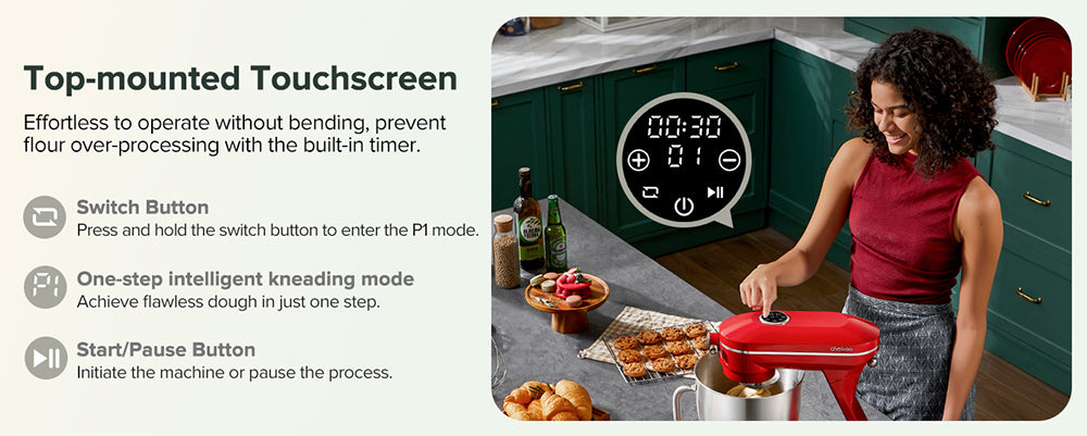 Kuchyňský stolní robot Chefree M500, nerezová mísa o objemu 7 l, 10 rychlostních stupňů, 3 míchací nástavce, výkon 1800 W, červený