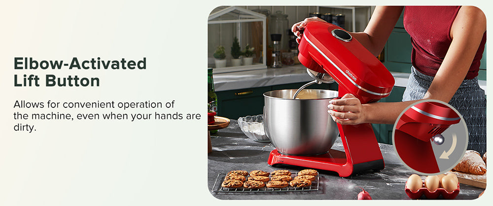 Kuchyňský stolní robot Chefree M500, nerezová mísa o objemu 7 l, 10 rychlostních stupňů, 3 míchací nástavce, výkon 1800 W, červený