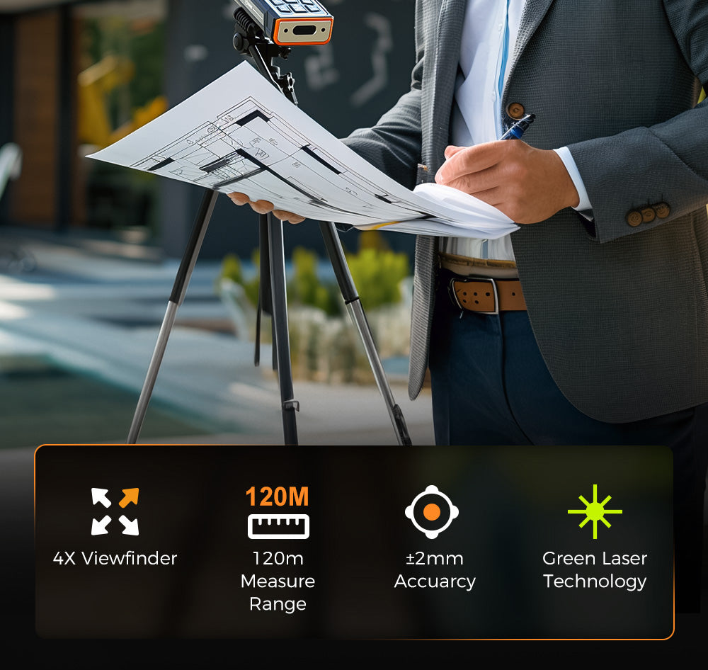 Laserový měřicí přístroj CIGMAN CD-120G se 4násobným zvětšením kamery, technologií P2P, krytím IP68 a 2,4palcovým IPS displejem.