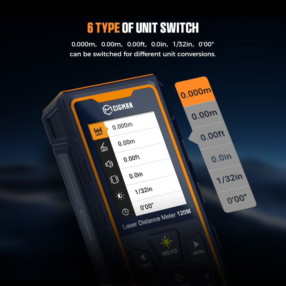 Laserový měřicí přístroj CIGMAN CD-120G se 4násobným zvětšením kamery, technologií P2P, krytím IP68 a 2,4palcovým IPS displejem.