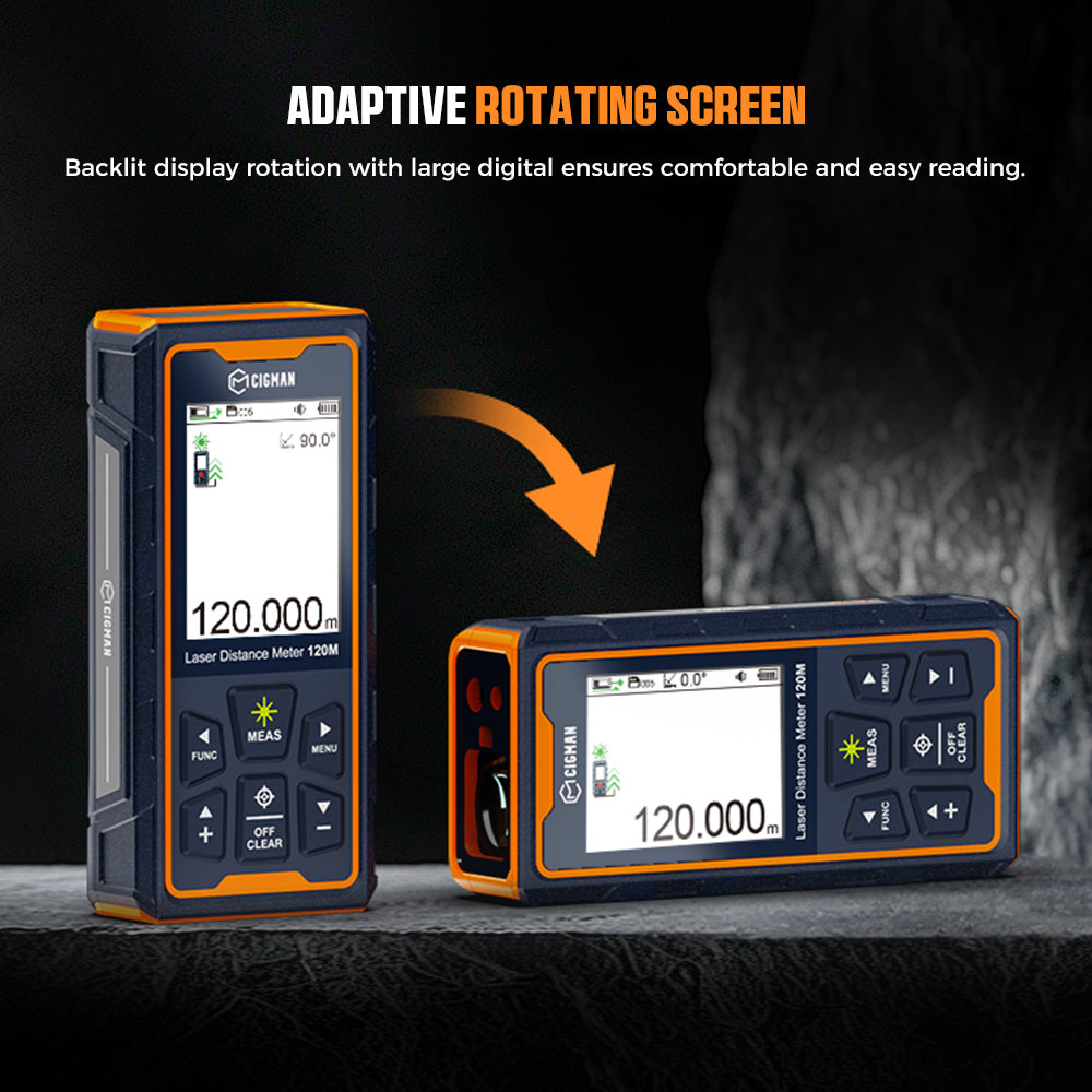 Laserový měřicí přístroj CIGMAN CD-120G se 4násobným zvětšením kamery, technologií P2P, krytím IP68 a 2,4palcovým IPS displejem.
