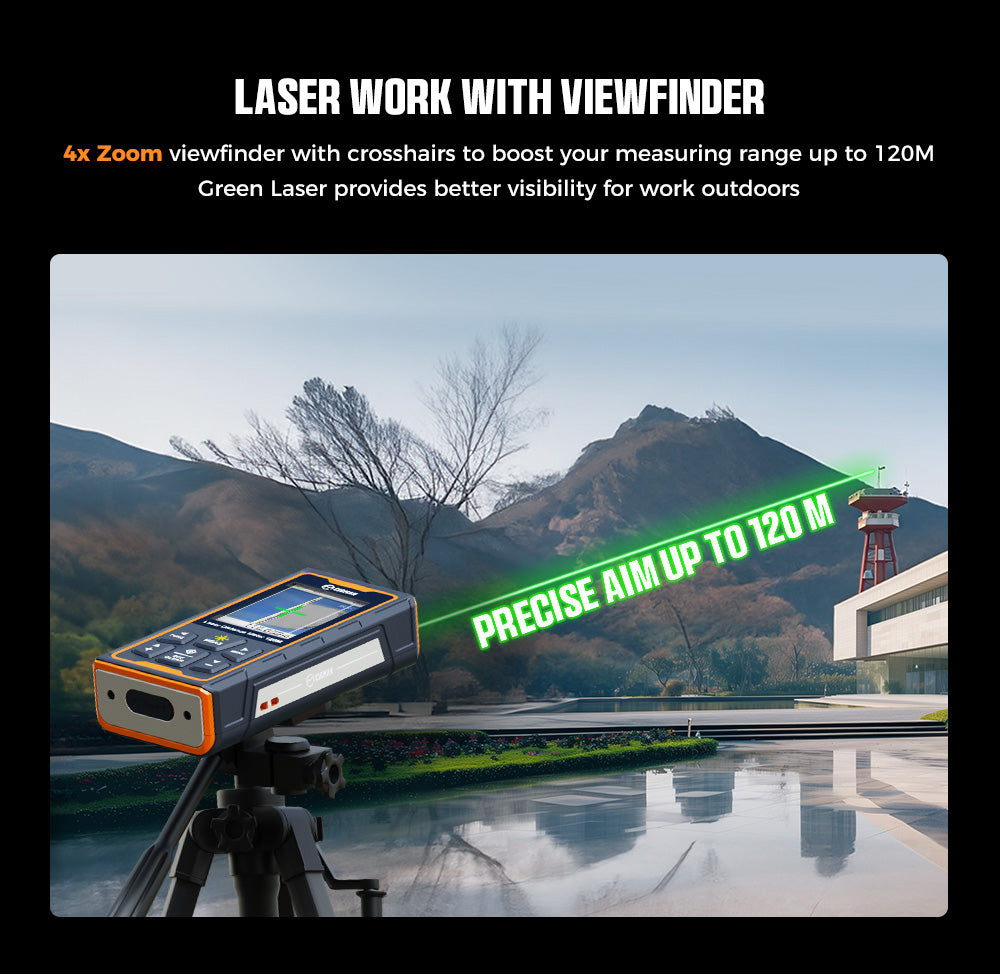Laserový měřicí přístroj CIGMAN CD-120G se 4násobným zvětšením kamery, technologií P2P, krytím IP68 a 2,4palcovým IPS displejem.