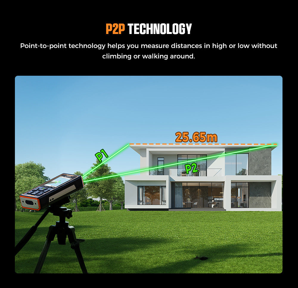 Laserový měřicí přístroj CIGMAN CD-120G se 4násobným zvětšením kamery, technologií P2P, krytím IP68 a 2,4palcovým IPS displejem.