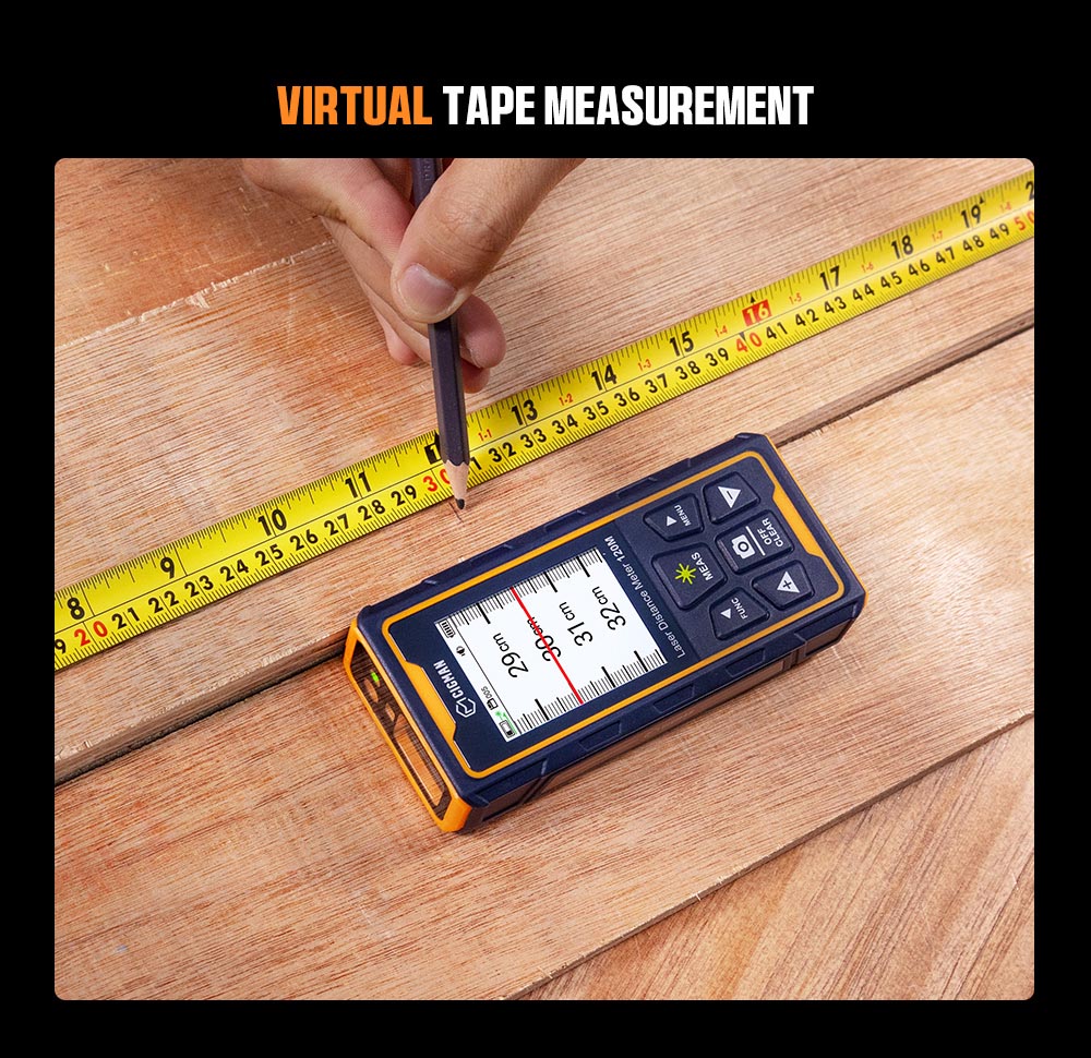 Laserový měřicí přístroj CIGMAN CD-120G se 4násobným zvětšením kamery, technologií P2P, krytím IP68 a 2,4palcovým IPS displejem.