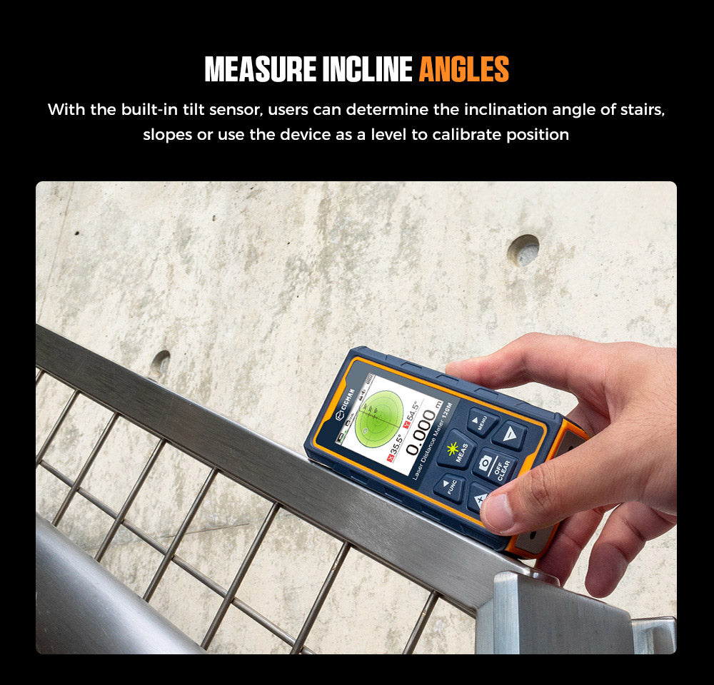 Laserový měřicí přístroj CIGMAN CD-120G se 4násobným zvětšením kamery, technologií P2P, krytím IP68 a 2,4palcovým IPS displejem.