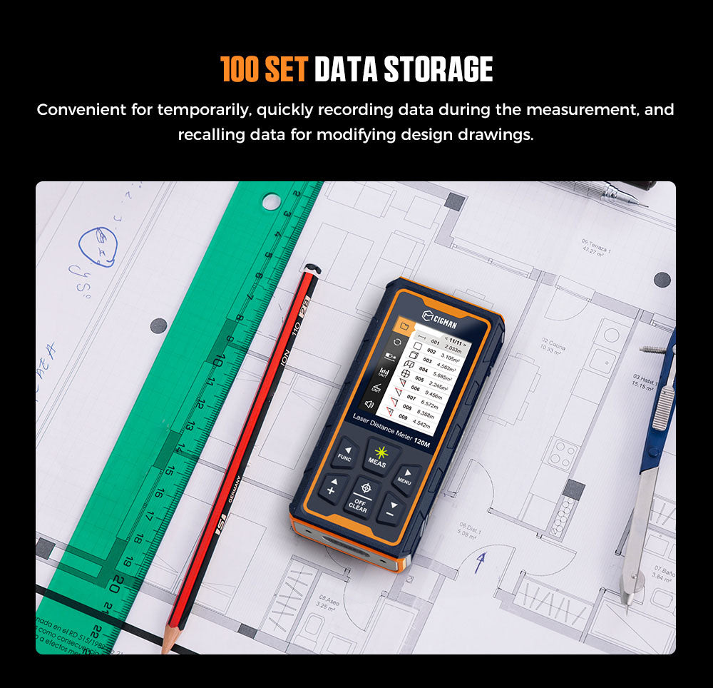 Laserový měřicí přístroj CIGMAN CD-120G se 4násobným zvětšením kamery, technologií P2P, krytím IP68 a 2,4palcovým IPS displejem.